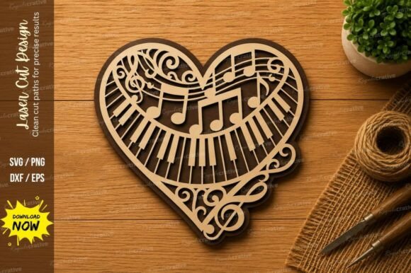 Elegant Music Notes Heart Piano SVG for Romantic Laser Cutting