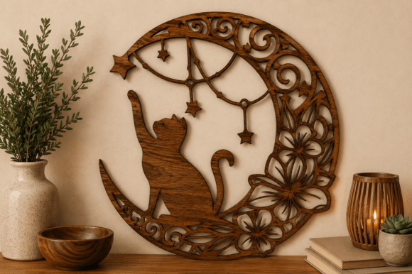 Moon Cat Wall Art SVG Laser Cut File for Creative Projects